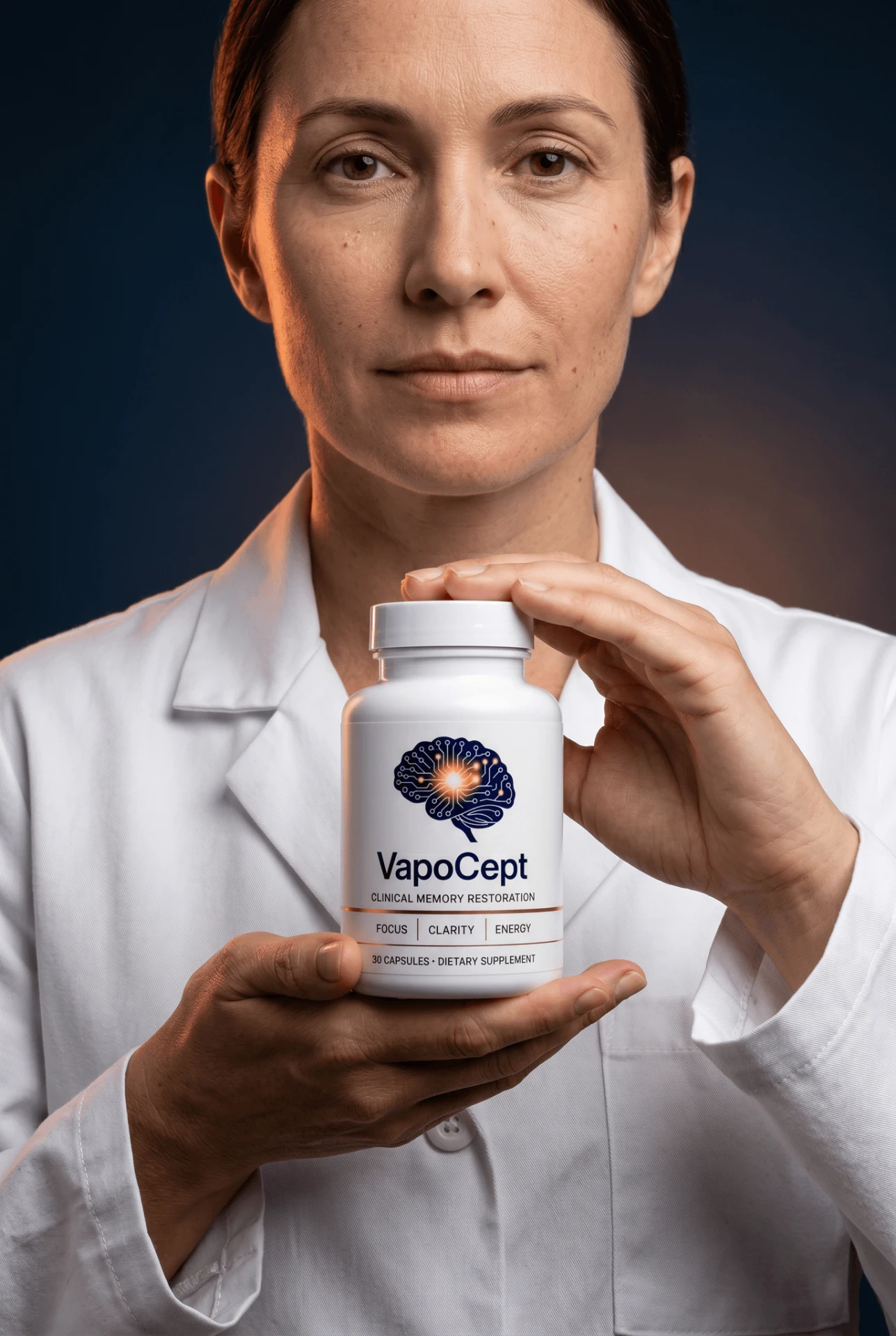Professional holding a VapoCept supplement bottle